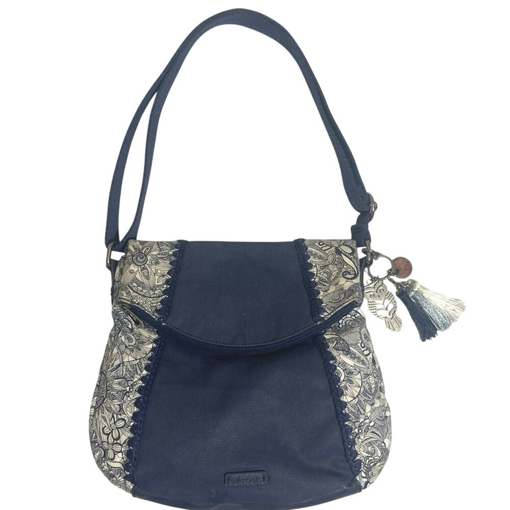 Sakroot Canvas Fold Over crossbody Hand bag clean blue& white W/owl & charms